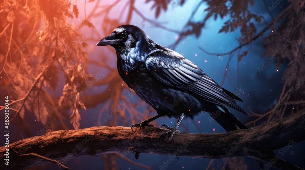 Aufkleber a black bird sitting on top of a tree branch next to a forest filled with lots of leafy branches.