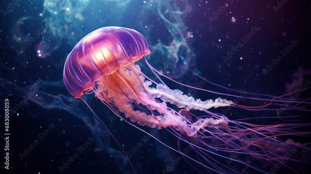 Poster a close up of a jellyfish floating in the water with a lot of jellyfish in it's tentacles.