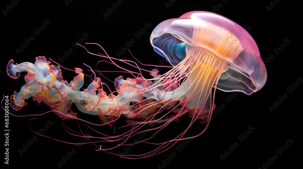 Poster a close up of a jellyfish on a black background with a blurry image of it's head.