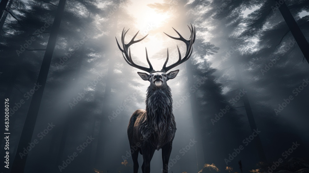 Poster a deer standing in the middle of a forest with the sun shining through the trees and fog in the air.