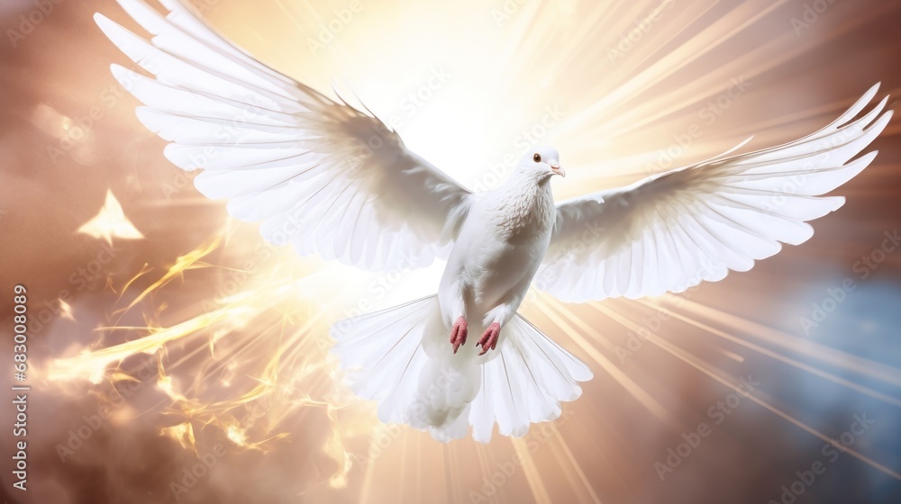 Poster a white dove flying through the air with its wings wide open and wings wide open in front of the sun