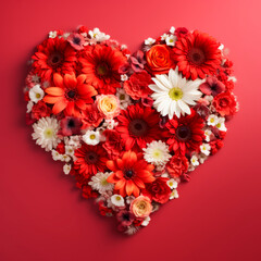 The heart is lined with beautiful flowers on a red background 