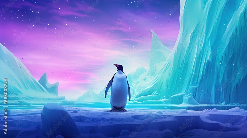 Poster a penguin standing in the middle of an ice cave with an iceberg in the background and stars in the s