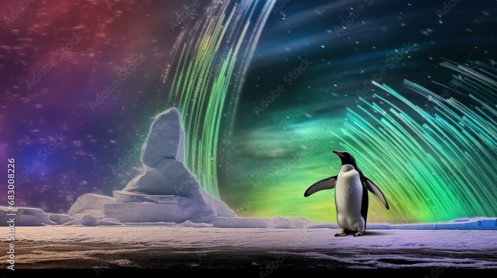 Poster a penguin standing in the snow in front of a multicolored sky with an aurora display in the backgrou