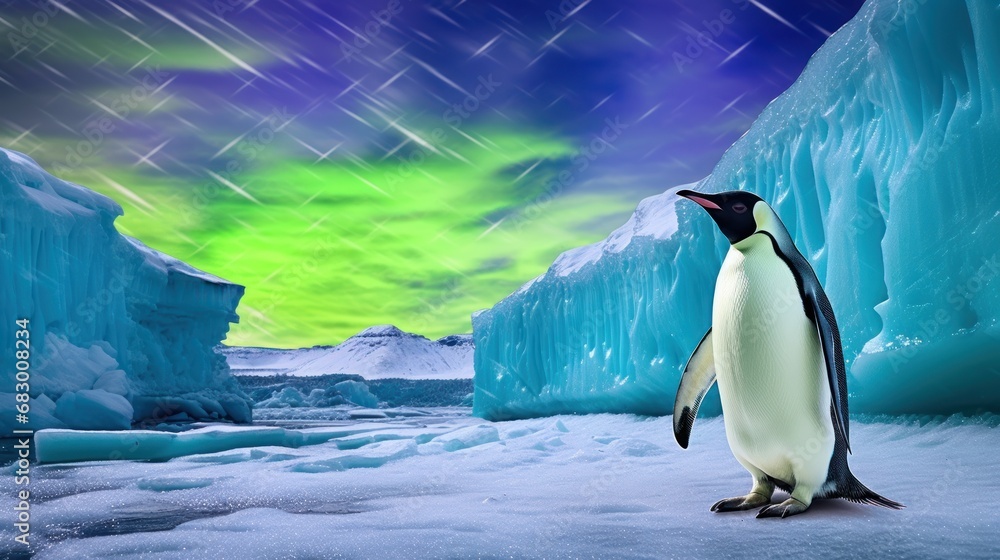 Poster a penguin standing in the snow in front of an ice cave with a green and blue sky in the background.