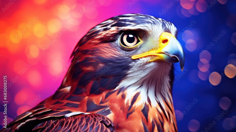 Aufkleber a close up of a bird of prey with blurry lights in the background and a blurry image of a bird of pr