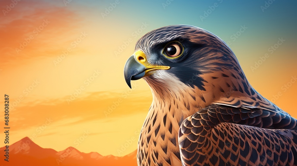 Aufkleber a close up of a bird of prey on a background of a mountain range with a sky and clouds in the backgr
