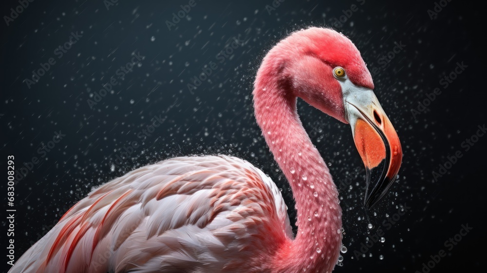 Poster a flamingo standing in the rain with it's head turned to the side and it's head turned to the side.