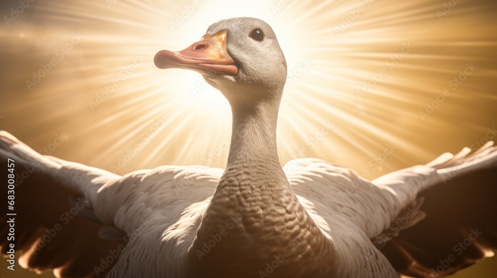Poster a close up of a duck with it's wings spread and a sunburst in the sky in the background.
