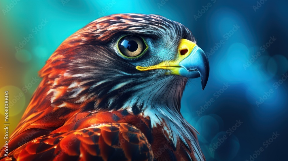 Poster a close up of a bird of prey on a blue and yellow background with blurry lights in the background.