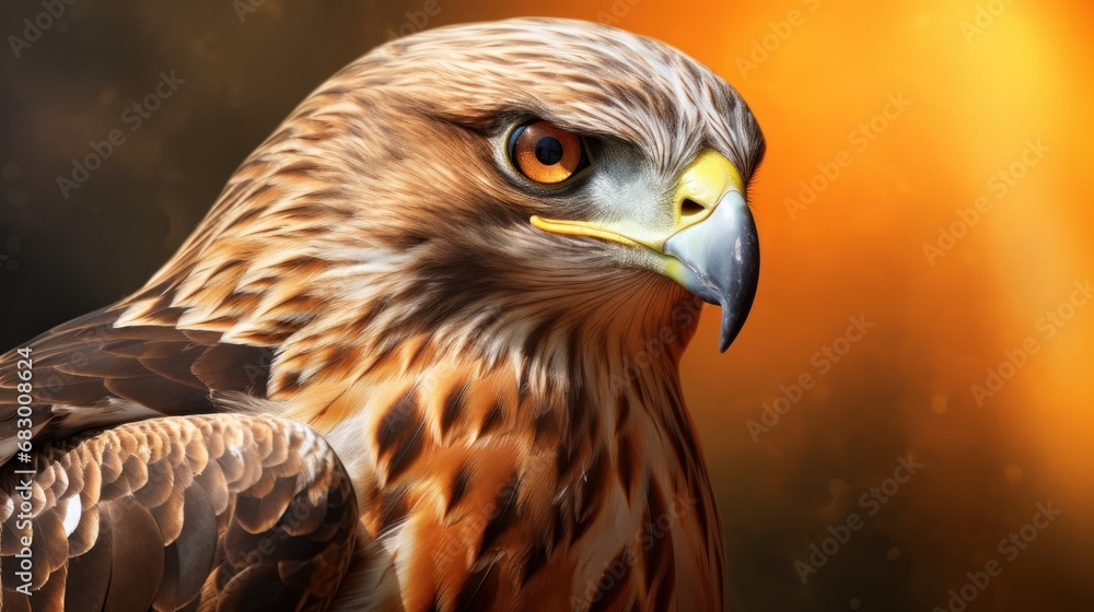 Poster a close up of a bird of prey with an orange light in the background and a blurry image of a bird of 