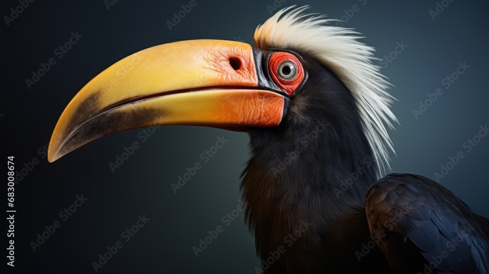 Poster a close up of a bird with a long beak and a large beak with a long, white, and orange beak.