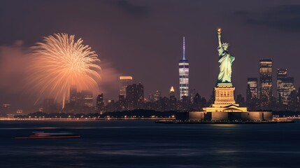 Fototapeta na wymiar New York City skyline with Statue of Liberty and fireworks at night. Independence Day. July 4 Concept. Patriotism Concept. USA Flag.