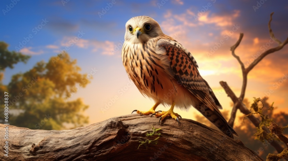 Poster a bird sitting on top of a tree branch in front of a sky with clouds and trees in the background.