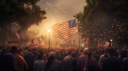 Crowd of people with american flags and fireworks on the background. Independence Day. July 4 Concept. - obrazy, fototapety, plakaty
