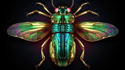  a multicolored insect on a black background with a red spot in the middle of the image and a green spot in the middle of the image.