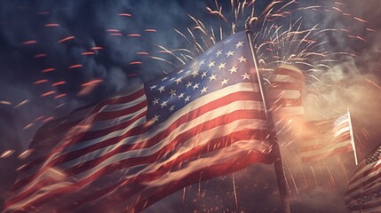 American flag with fireworks on dark sky background. Independence Day. July 4 Concept. Patriotism Concept. USA Flag. - obrazy, fototapety, plakaty
