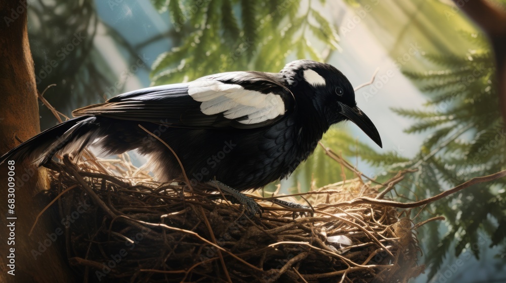 Poster a black and white bird sitting on top of a nest on top of a pile of twigs in a forest.