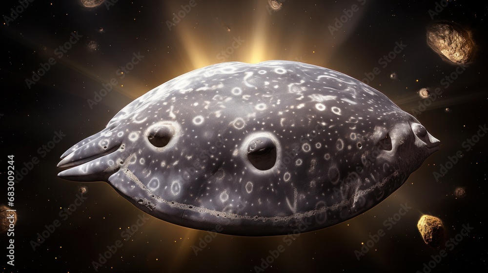 Poster  an artist's rendering of a black and white object with holes in it's outer body, surrounded by other objects.