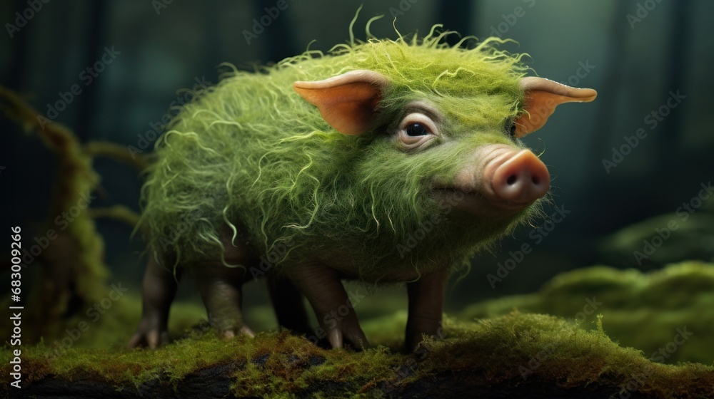 Poster a close up of a stuffed animal on a mossy surface with trees in the background and a person in the f