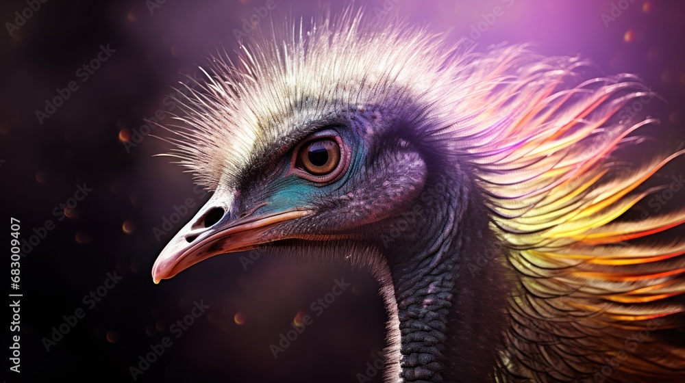 Aufkleber a close up of a bird with a multicolored feathers pattern on it's head and a black background.