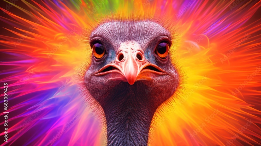 Poster a close up of an ostrich's head with a multicolored pattern on it's face.