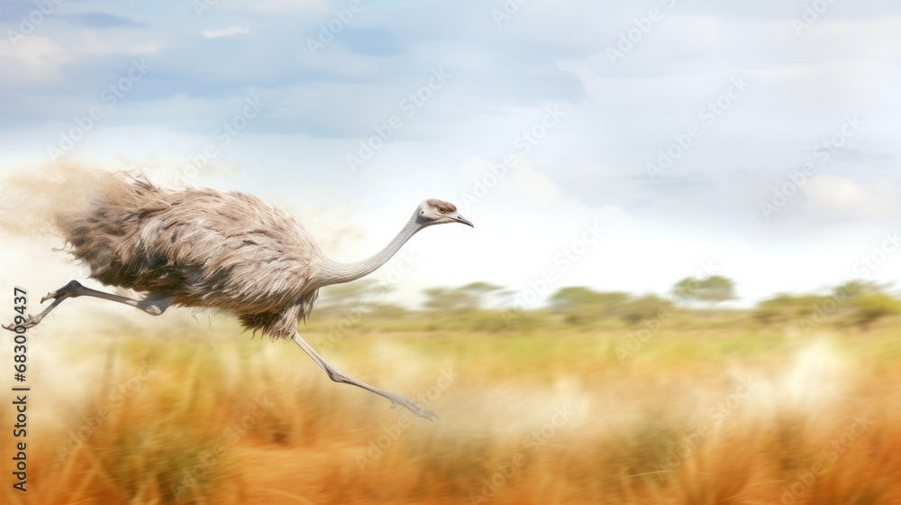 Poster an ostrich is running through a field of tall grass with a blue sky in the background and clouds in 