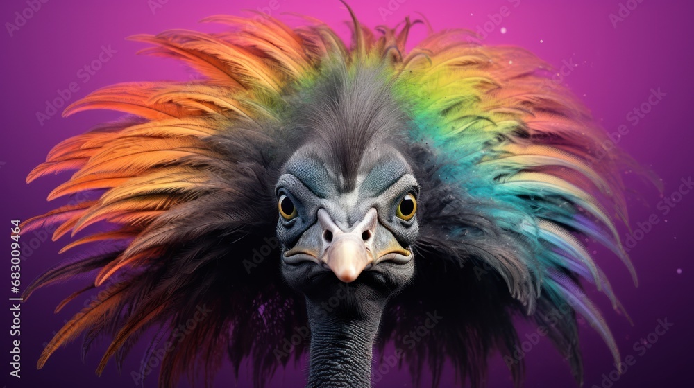 Aufkleber a close up of an ostrich's head with a multicolored feather on it's head.