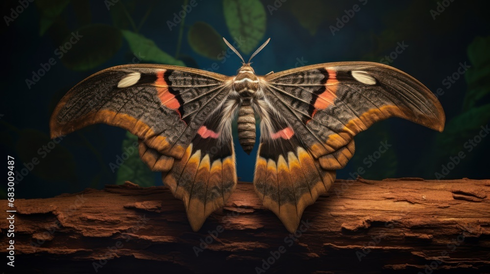 Poster a large moth sitting on top of a tree branch in front of a green leafy background with a blue sky in