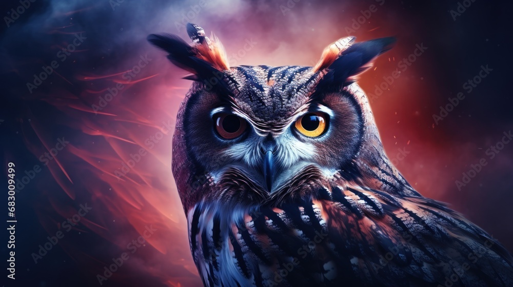 Aufkleber a close up of an owl on a dark background with a red light coming from the center of the owl's head.