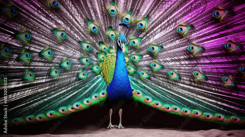 Poster  a close up of a peacock with it's feathers open and it's tail feathers are purple, green, and blue.