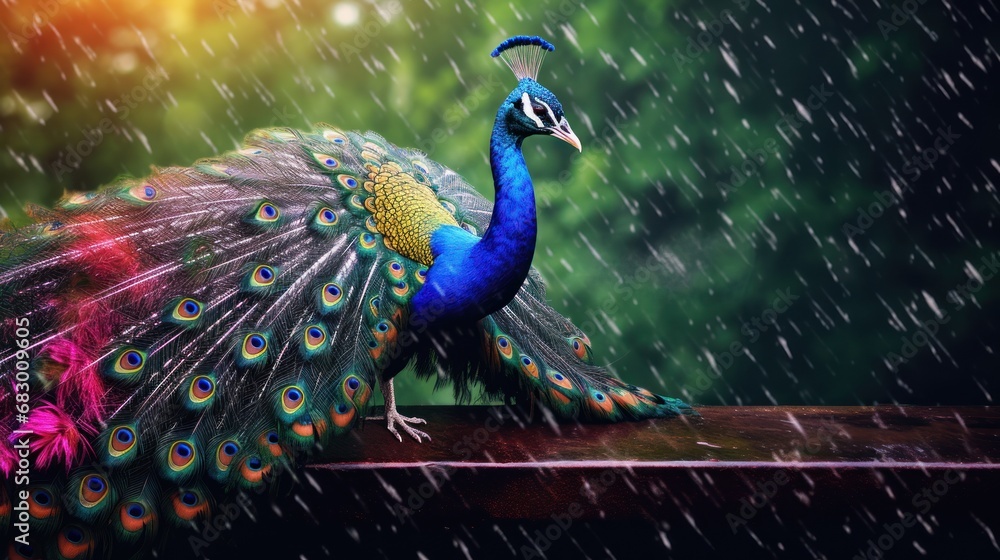 Poster a peacock standing in the rain with it's feathers spread out and it's feathers spread wide open.