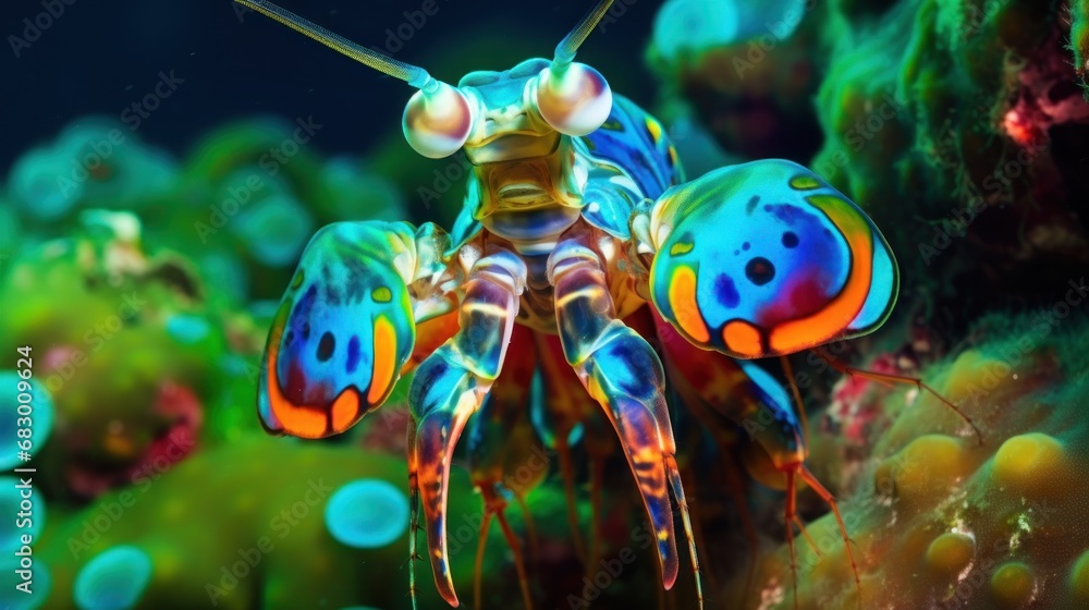 Poster a close up of a colorful insect on a sea anemone with many bubbles of water in the background.