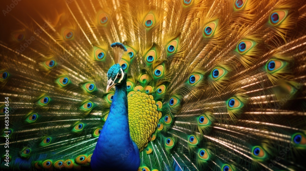 Poster a close up of a peacock with it's feathers feathers spread out and it's feathers spread out.