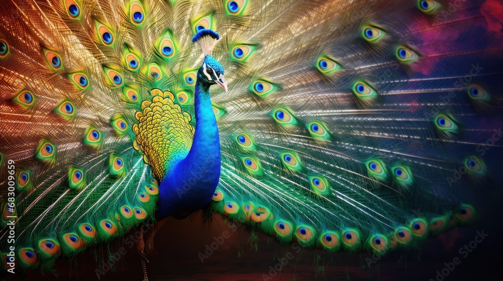 Aufkleber a close up of a peacock with it's feathers spread out and it's tail feathers spread out.