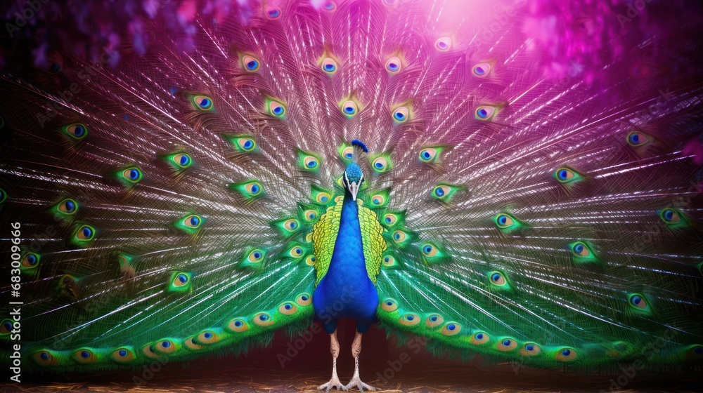 Poster a close up of a peacock with it's feathers open and it's tail feathers are spread out.