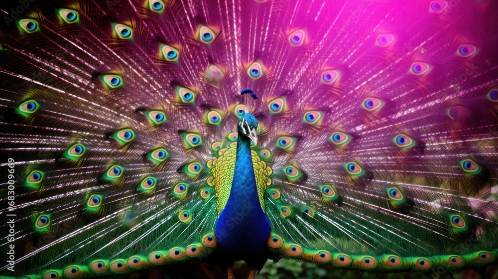 Poster a close up of a peacock with it's feathers spread out and it's tail feathers spread out.