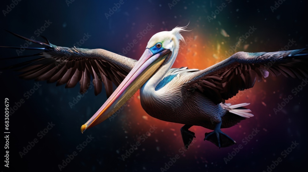 Poster a painting of a pelican in flight with its wings spread open and it's head turned to the side.