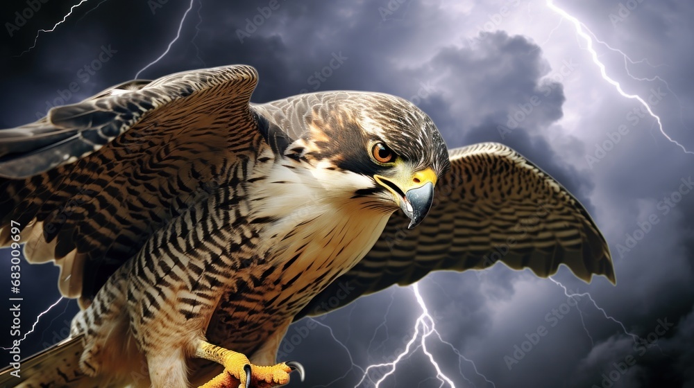 Aufkleber a hawk is perched on a branch with a lightning in the sky behind it and it's wings spread wide.