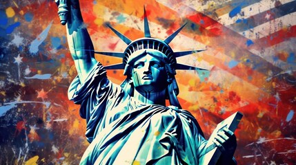 Statue of Liberty. USA flag background. Independence Day. July 4 Concept.