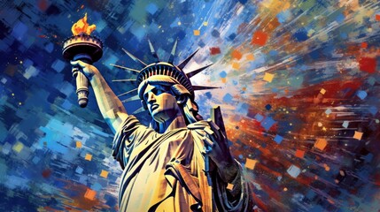 The Statue of Liberty. Independence Day. July 4 Concept. Patriotism Concept. USA Flag. - obrazy, fototapety, plakaty