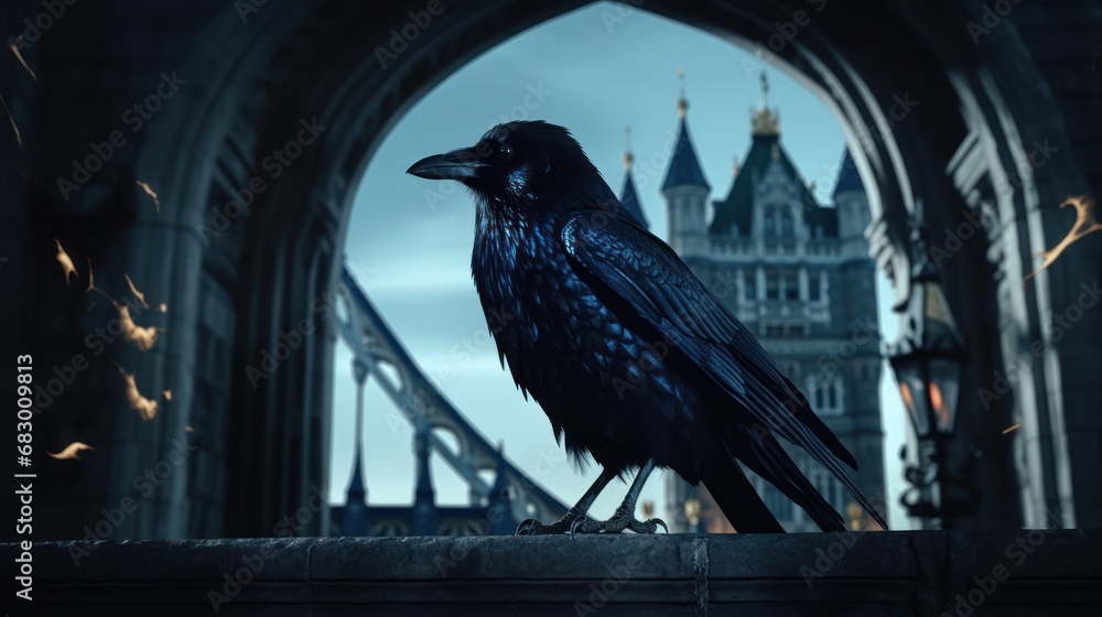 Poster a black bird sitting on top of a ledge in front of a building with a clock tower in the background.