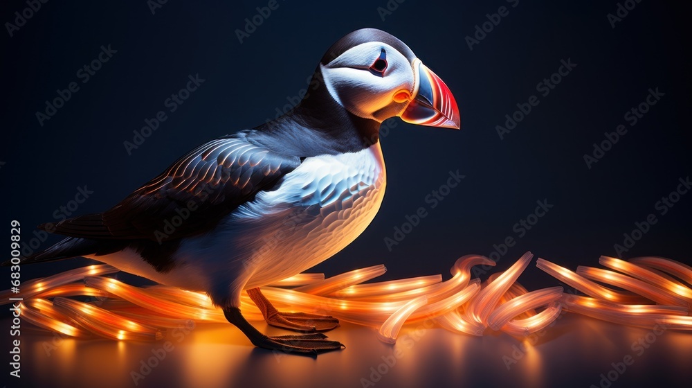 Poster a bird sitting on top of a pile of orange lights next to a string of orange lights on a black backgr