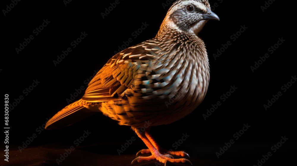 Poster a close up of a bird on a black background with a light shining on the back of it's head.