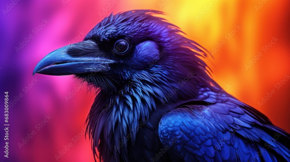 Poster a close up of a black bird on a colorful background with a blurry image of a bird in the background.