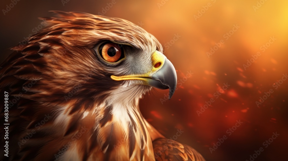 Poster a close up of a bird of prey on a dark background with a red and yellow light coming from behind it.