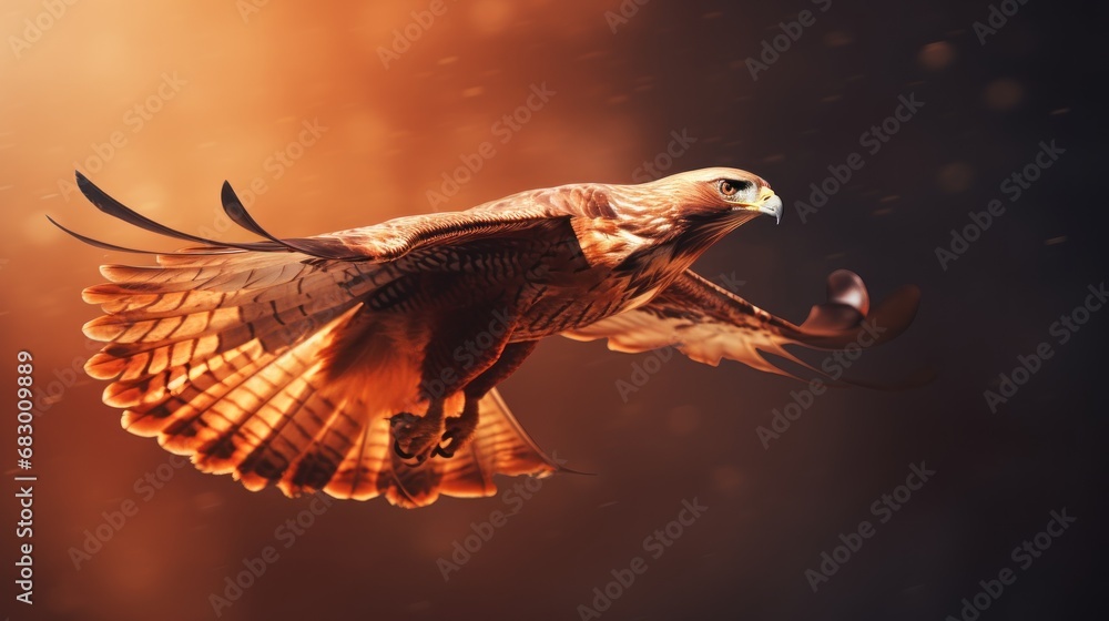 Poster a bird of prey flying in the air with it's wings spread out and it's eyes open.