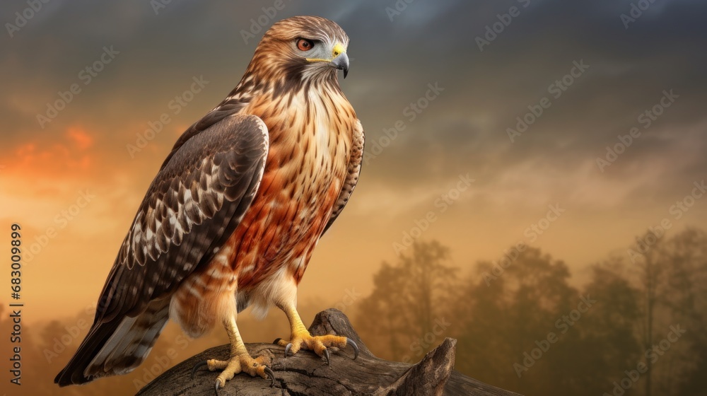 Poster a brown and white bird sitting on top of a tree branch in front of a sky with clouds and trees.