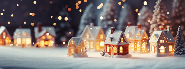 Toy houses in winter Christmas scenery with snow and lights