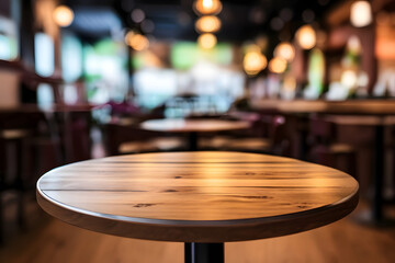 Fototapeta premium Wooden Table Against Abstract Blurred Restaurant Lights